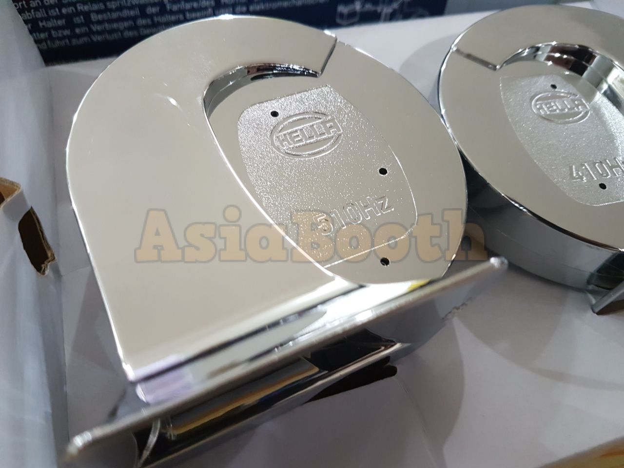 HELLA Chrome Twin Tone Trumpet Horn Set 410Hz/510Hz 112dB Asia Booth
