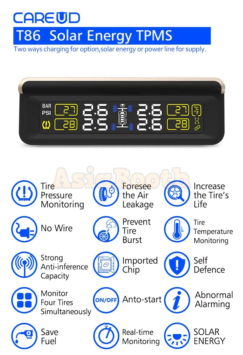 CAREUD T86 Universal TPMS Tire Pressure Monitor For Car SUV - Solar Power