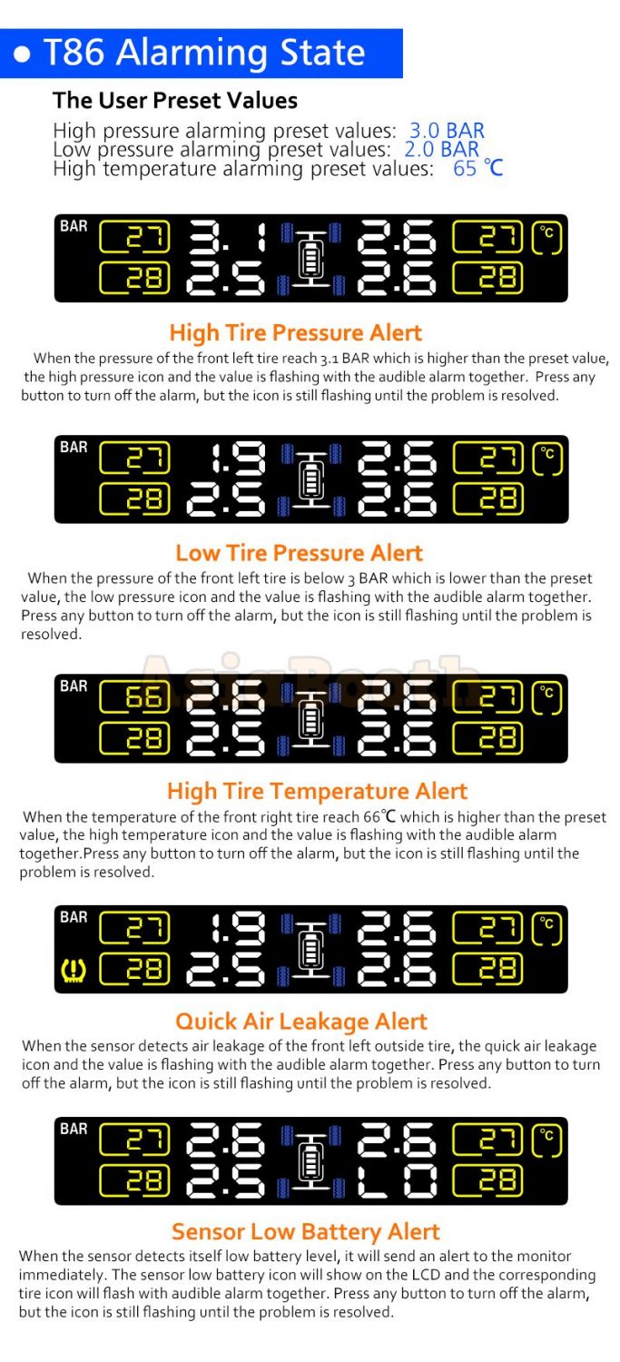 CAREUD T86 Universal TPMS Tire Pressure Monitor For Car SUV - Solar Power