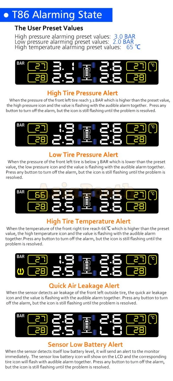 CAREUD T86 Universal TPMS Tire Pressure Monitor For Car SUV - Solar Power