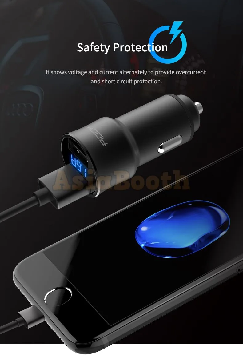 Rock Car USB Dual Charger with LCD Display - 5 Volt 4.8A