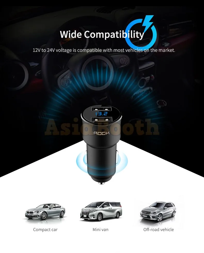Rock Car USB Dual Charger with LCD Display - 5 Volt 4.8A