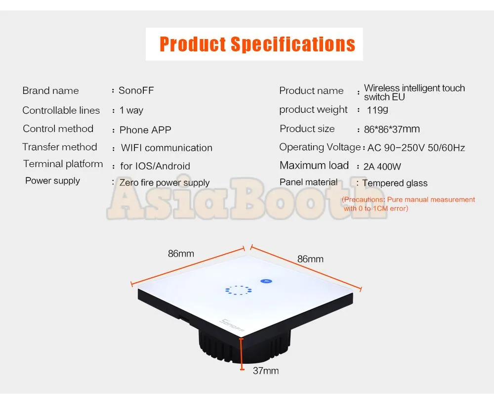 Sonoff Smart Home Wireless Wall Switch Touch Panel - EU Model
