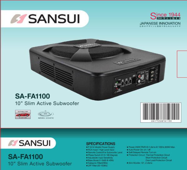 SANSUI SA-FA1100 Under Seat Slim Powered Subwoofer - 800 Watt 10" Inch